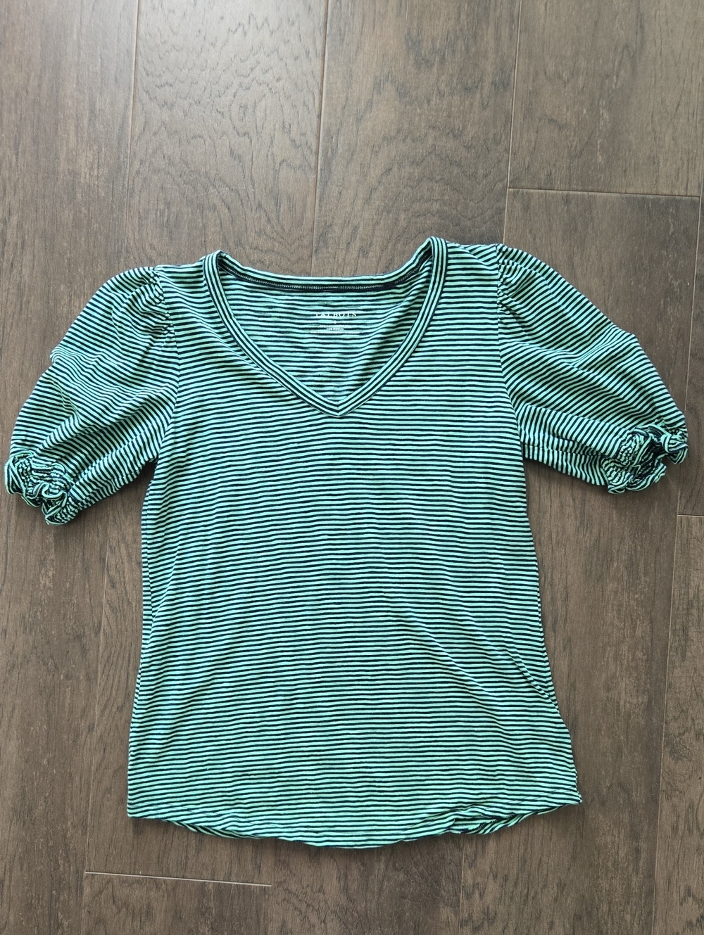 Talbots Green and Black Striped V-Neck Puff-Sleeve Top